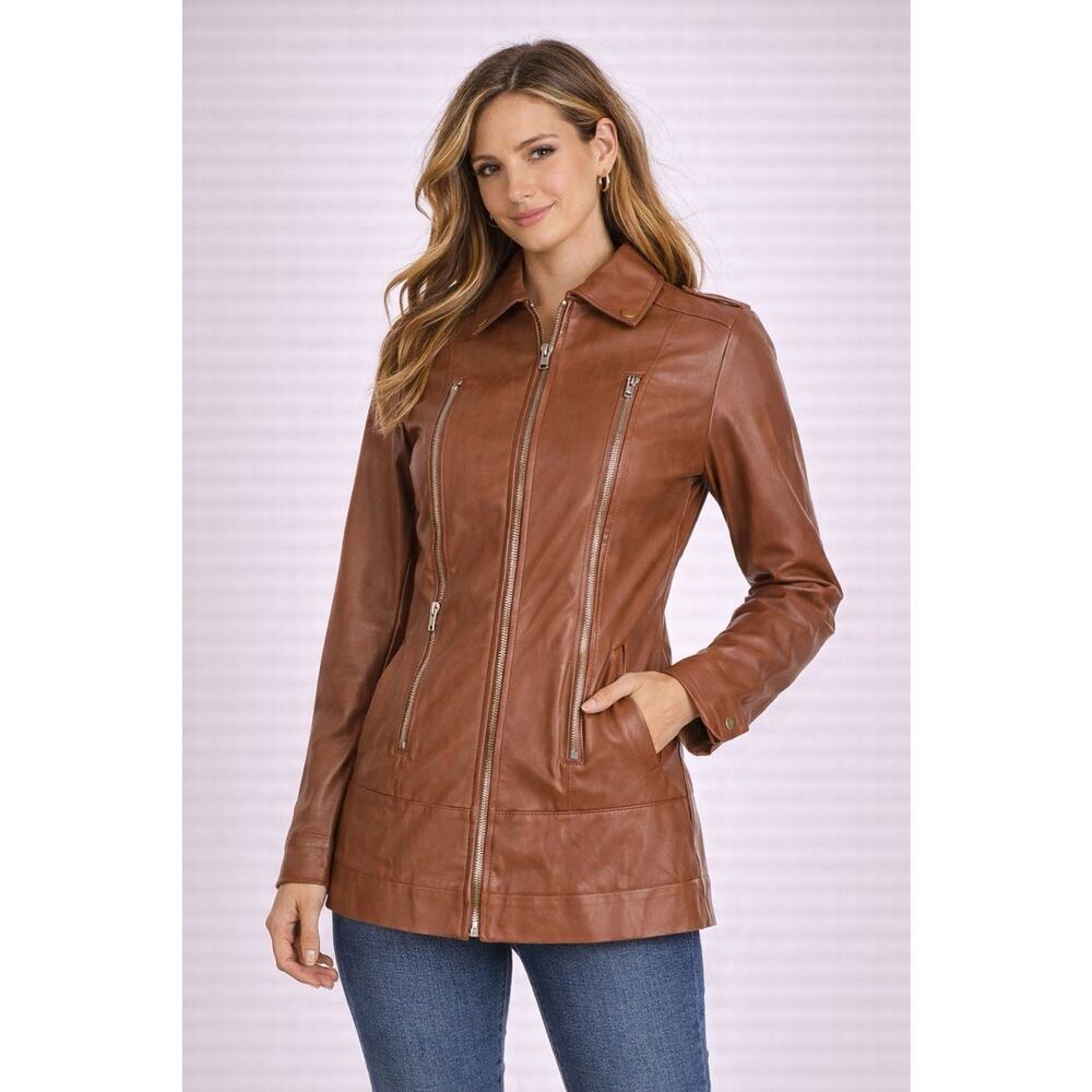 Faux Leather Brown Jacket Size S | Zip Front Fitted Moto/Coat | Sleek MiJacket